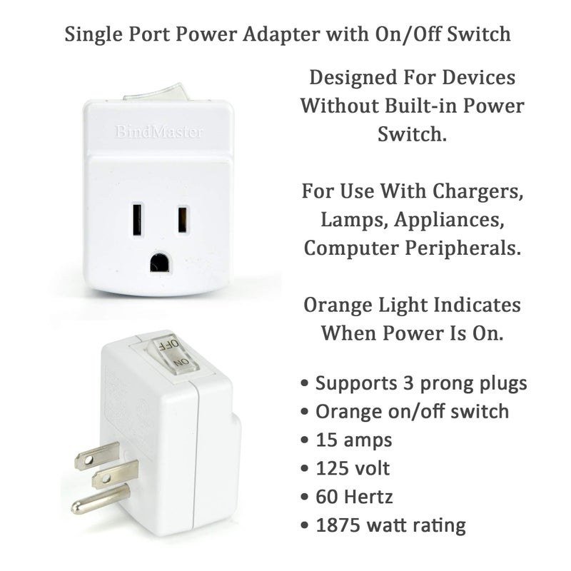 BindMaster 3 Prong Grounded Single Port Power Adapter with Indicator On/Off Switch (3 Pack) - Image 1